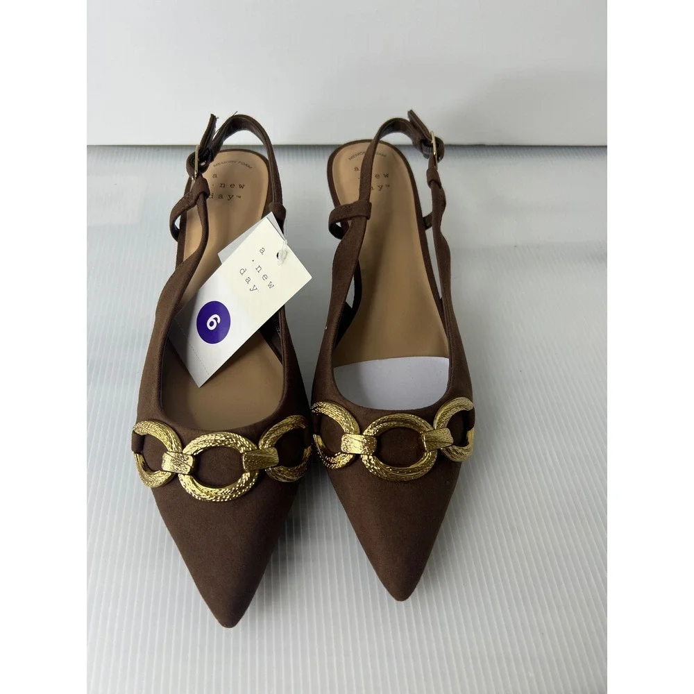 A New Day Brown Slingback Kitten Heels Gold Chain Link Pointed Toe Pumps Size 66